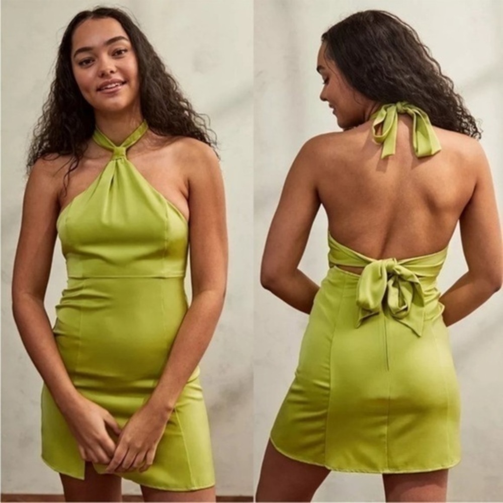 Urban Outfitters Jillian Satin Halter Mini Dress Vibrant Light Green
